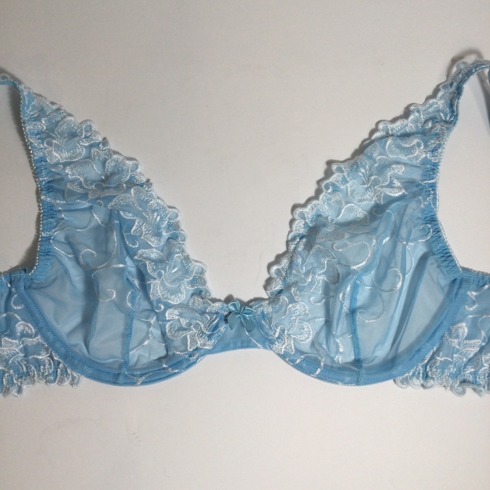 Victoria’s Secret Blue floral lace bra sheer see through underwire 38C SEXY plus